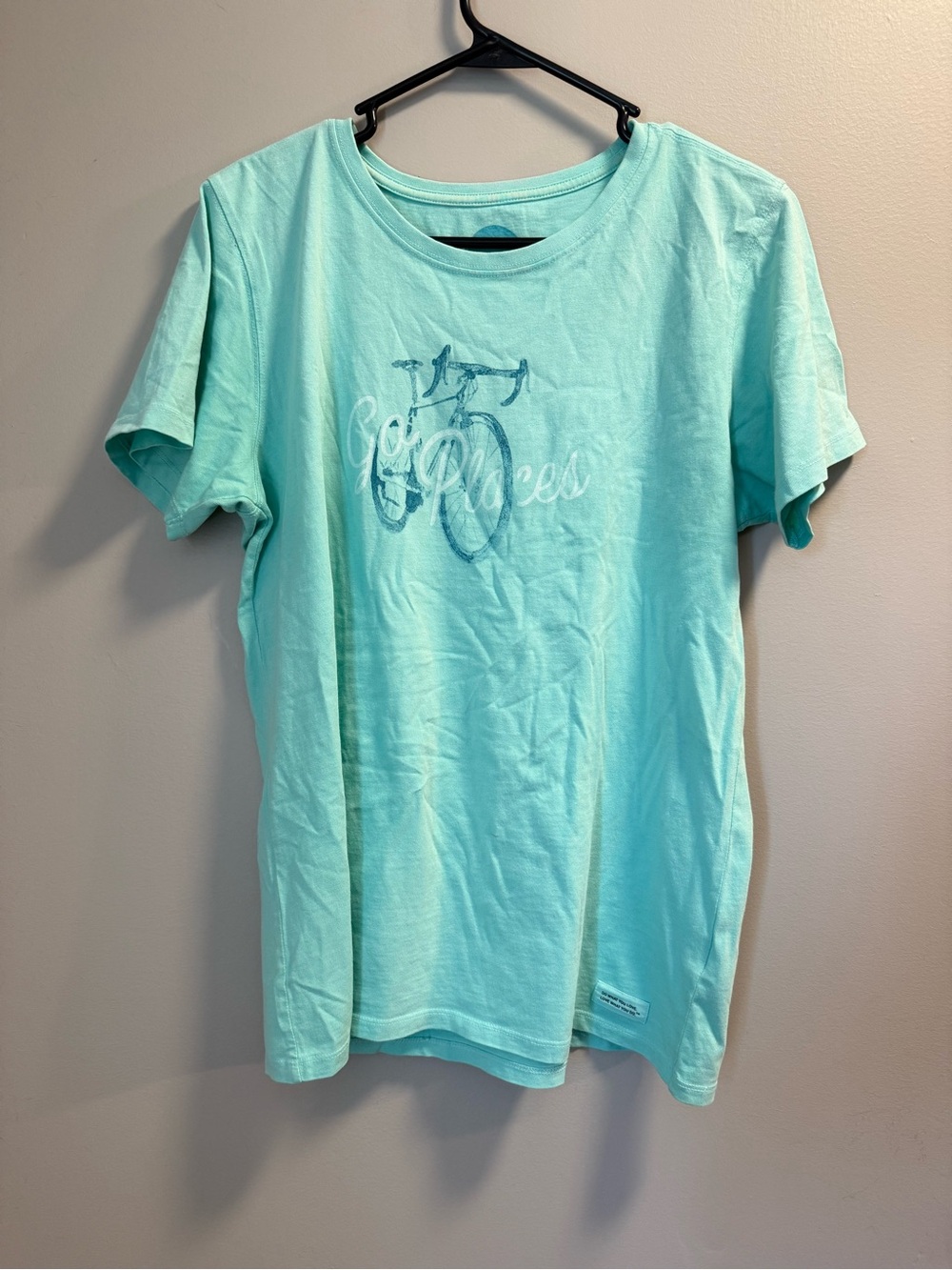Life Is Good Light Aqua Short Sleeve Tee with Bicycle Graphic